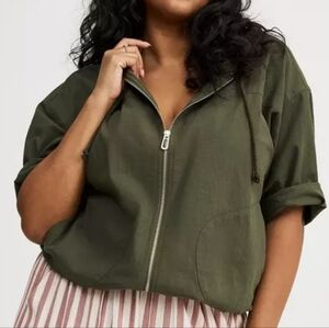 Torrid Full Zip Olive Green Short Sleeve Oversized Drawstring Hoodie Top 3X NWT